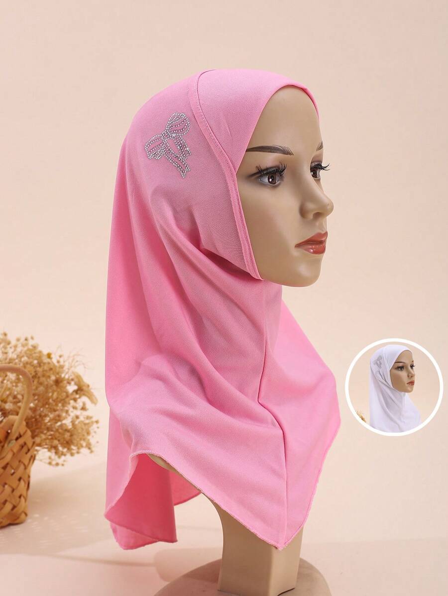1pc Kids/Girls Butterfly Rhinestone Decorated Hijab, Middle Eastern Ramadan Arab, Cute & Elegant, Breathable & Adjustable, Suitable For All Seasons, Ramadan Gift