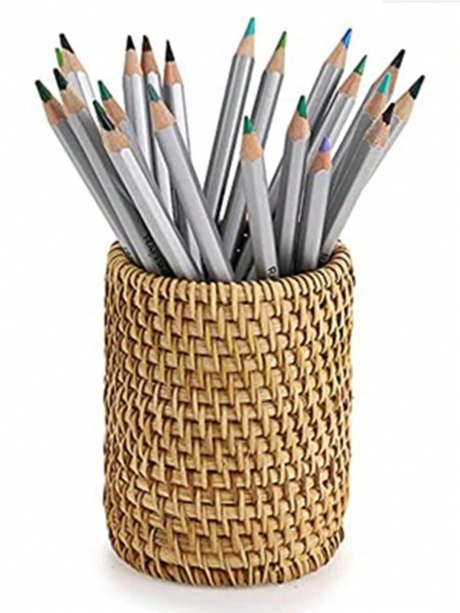 Portapenne da scrivania multifunzionale realizzato a mano in vimini, contenitore di stoccaggio per articoli di cancelleria e pennelli da trucco, cilindrico (escluse le matite), materiale scolastico, back to school