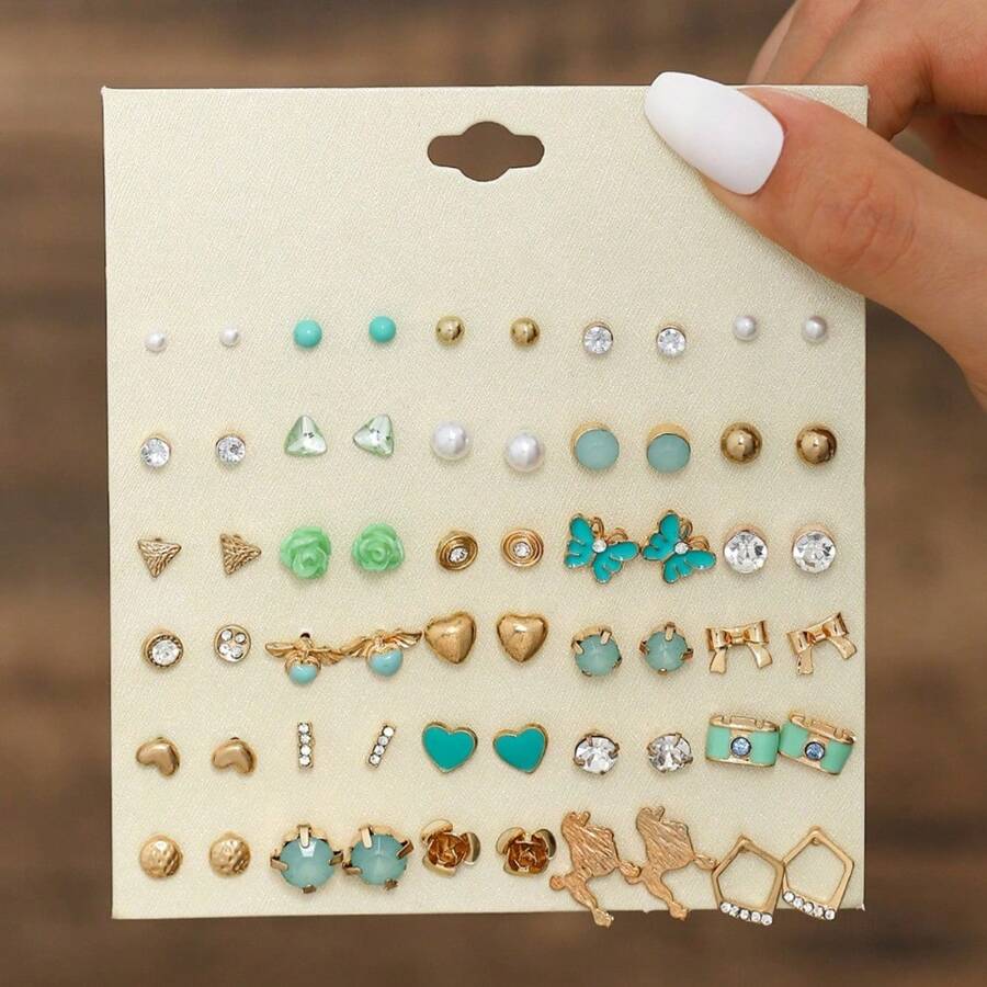 1 Set de 30 piezas Juego de Aretes de Moda para Mujer, Material de Aleación de Zinc con Diseños de Animales y Geométricos, Pendientes de Acero Inoxidable, Hipoalergénico, Apto para Uso Diario y Vacaciones, Diseñado para Mujer