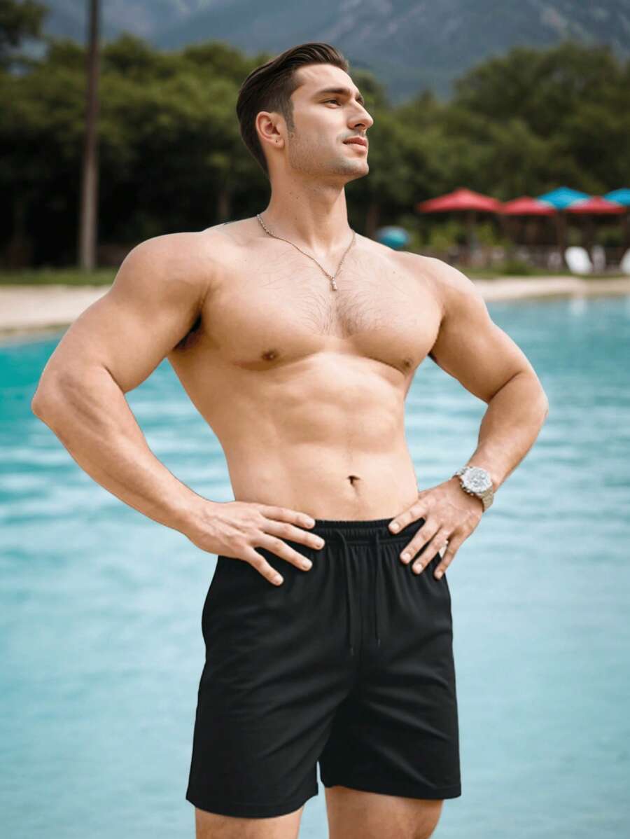 Men's Summer Sports Shorts With Zipper Pockets And Drawstring Waist, Suitable For Tennis And Gym, Athletic Shorts