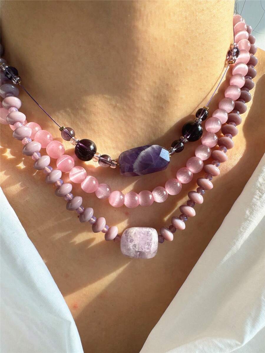 1 pièce Collier pendentif de pierres naturelles en acrylique violet, collier asymétrique élégant et de luxe à la mode pour femmes