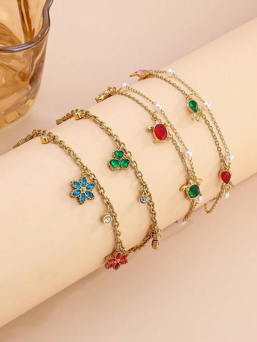 Pulseira de Trevo de Aço Titânio Dourado Minimalista, Incrustada com Cubic Zircônia, Comprimento Ajustável, Adequada para Verão, Férias, Presentes para Namoradas, Anti-Desbotamento, Anti-Alérgica, Elegante Acessório Feminino