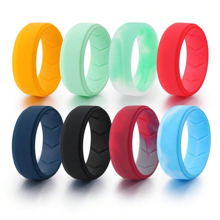 8 Pack Men's Silicone Rings Men Rubber Wedding Band Ring Fit Size 7-15 , 8mm Wide, 2mm Thick