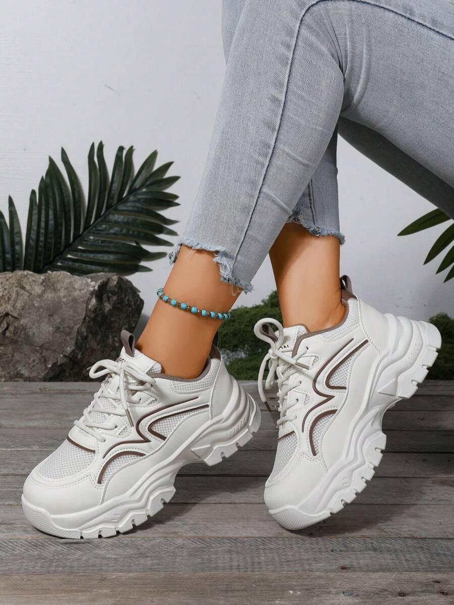 Ladies Casual Leisure Breathable Mesh Sneakers, Fashion Thick Sole Platform Shoes, Lightweight Non-Tiring, Solid Color Preppy Oxford Lace-Up Trainer Suitable For Holidays, Weddings, School, Parties, Office Wear In Spring/Autumn
