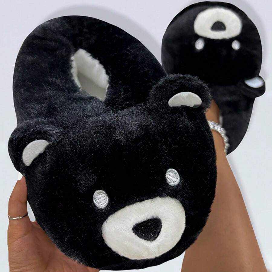 Pantuflas cálidas y antideslizantes con bordado negro, cobertura total del pie y diseño de oso para mujer para el hogar