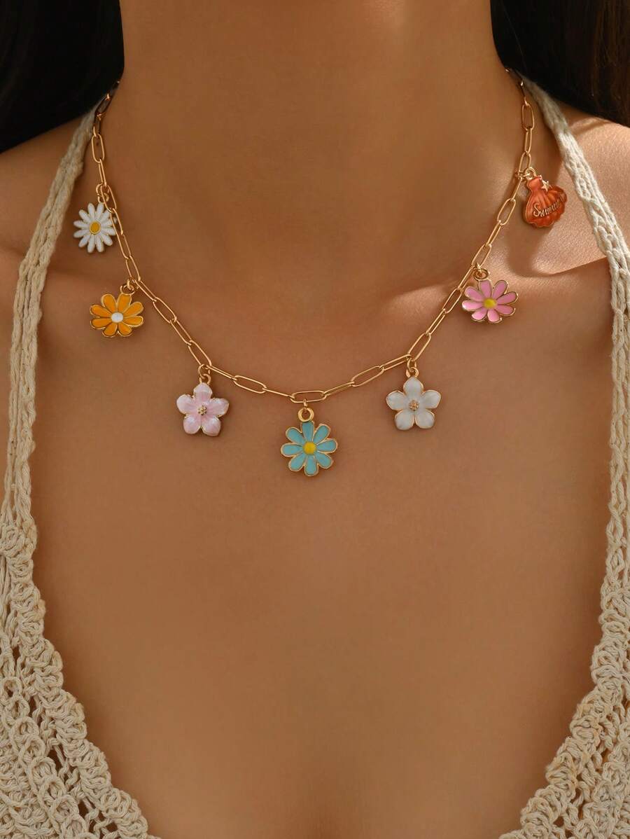 1pc Elegant Colorful Flower Pendant Necklace, Fashion & Romantic Women Jewelry Accessory, Suitable For Daily Wear, Dating, Party, Dinner