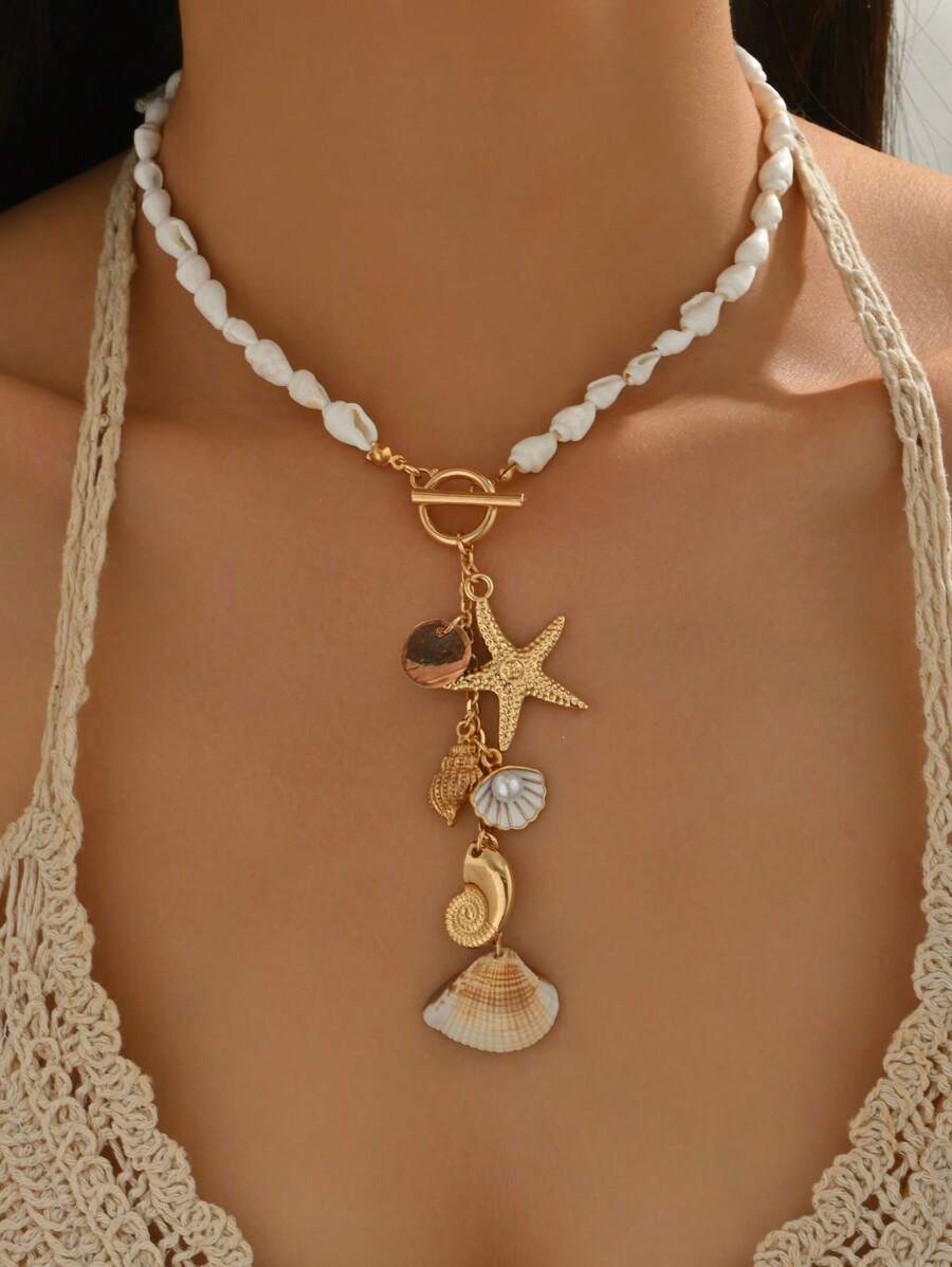 1pc Bohemian Island Style Natural Seashell Beaded Necklace With OT Clasp, Matching Natural Seashell & Starfish, Jewelry For Women, Suitable For Daily Wear, Date, Dinner, Beach Vacation