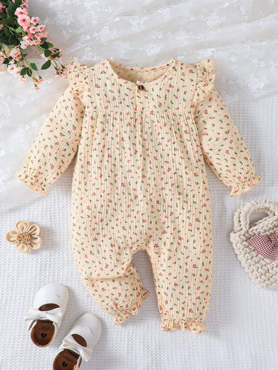 MommBaby Pelele para bebé recién nacido niña con estampado floral, cuello con volantes y abotonadura delantera de manga larga, estilo pastoril lindo y casual para primavera y otoño