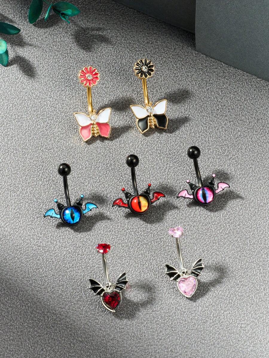 CIZME 14G Edelstahl Bauchnabelringe mit Fledermaus, bösen Augen und rosa roten Zirkonia für Damen als Halloween Körperschmuck, Bauchnabelpiercing Schmuck