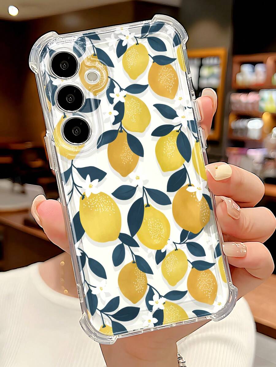 1pc Fresh Lemon & Floral Design Transparent Soft Silicone Phone Case, Anti-Slip Anti-Drop Compatible With Samsung