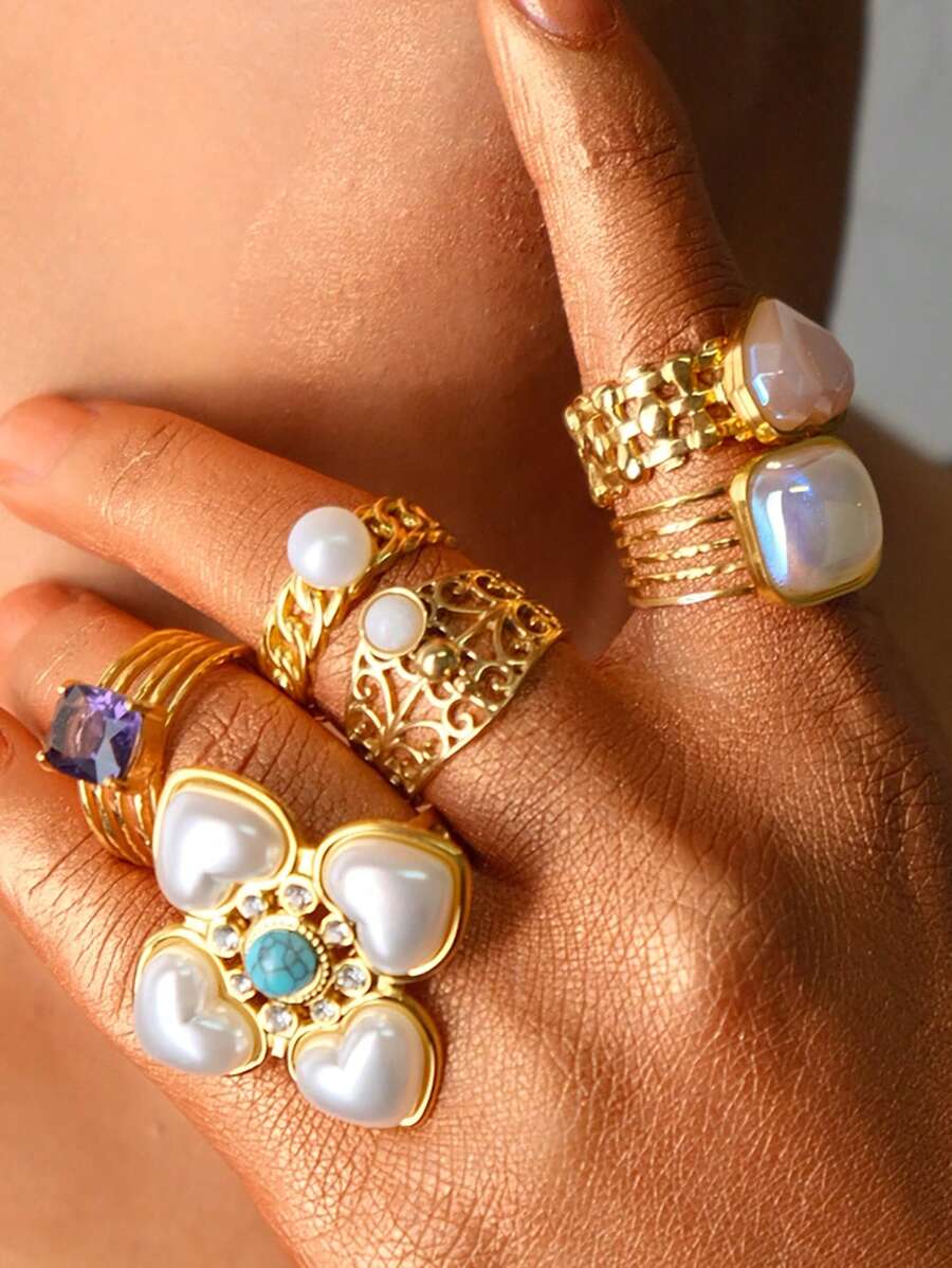 1 anel de coquetel banhado a ouro em aço inoxidável estilo retrô vintage com pérolas, turquesas e decorações de pedras preciosas coloridas, design floral vazado, adequado para festas noturnas e eventos temáticos retrô