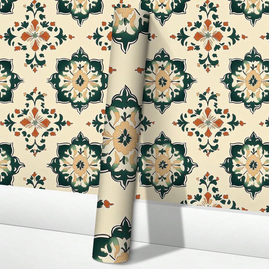 1 Rolle Vintage Stil Selbstklebende Tapete - Polygonales Blumen Muster, Abziehen und Aufkleben, Abnehmbar, Wasserfestes Kontaktpapier, Geeignet für Wohnzimmer, Schlafzimmer, Esszimmer, Flur, Heimdekoration, Schrank, Bücherregal, Möbel, Wandkunst, Sommerdekoration, Feiertagsdekoration Geschenk
