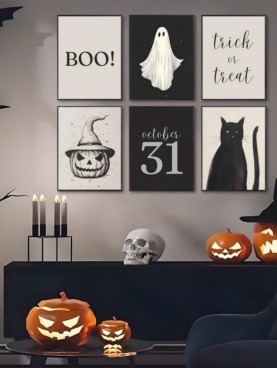 6 Stücke moderne Halloween Drucke, Halloween Poster, gruselige Wandkunst, Kürbis Muster, Geist Poster, dunkles Muster Bündel, Halloween Wandkunst, Schlafzimmer Dekoration, Wohnzimmer Dekoration, Büro Dekoration, Esszimmer Wanddekoration, Küchen Dekoration, Arbeitszimmer, Flur, Studentenwohnheim Dekoration, Badezimmer Dekoration, perfektes Geschenk für Freunde, Wandkunst, Wanddekoration, Heimdekoration, Raum Dekoration, Leinwandbilder, Poster, Wandkunst mit Rahmen, optional mit Rahmen