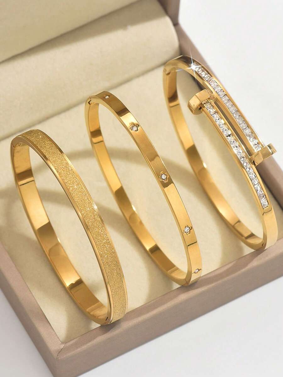 Set de 3 piezas de pulsera de acero inoxidable con baño de oro de 18 quilates con trébol de cuatro hojas, adecuado para fiestas, uso diario, estilo europeo y estadounidense, personalizado, generoso, de lujo con circonita cúbica, conjunto de joyería nupcial, regalo para niñas, mujeres, familiares, amigos, bodas hermosas, cumpleaños, San Valentín, mamá, madre, Día de la Madre