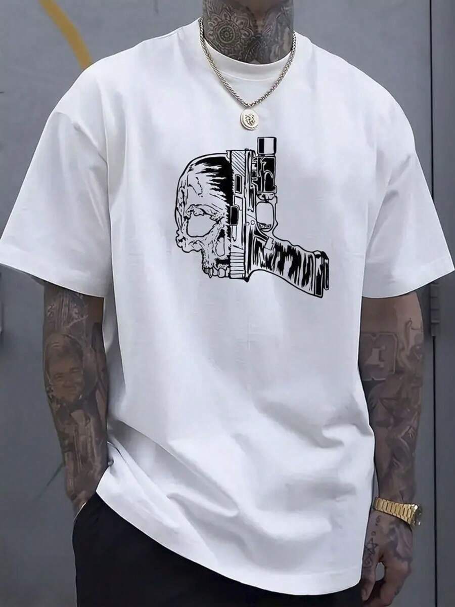 Plus Size Men Clothes Men Plus Size Shirts Big And Tall Men Skull Pistol Print, Men'S White Casual And Comfortable T-Shirt, Summer, 100% Cottonmen Shirts Graphic Tees Dad Shirt