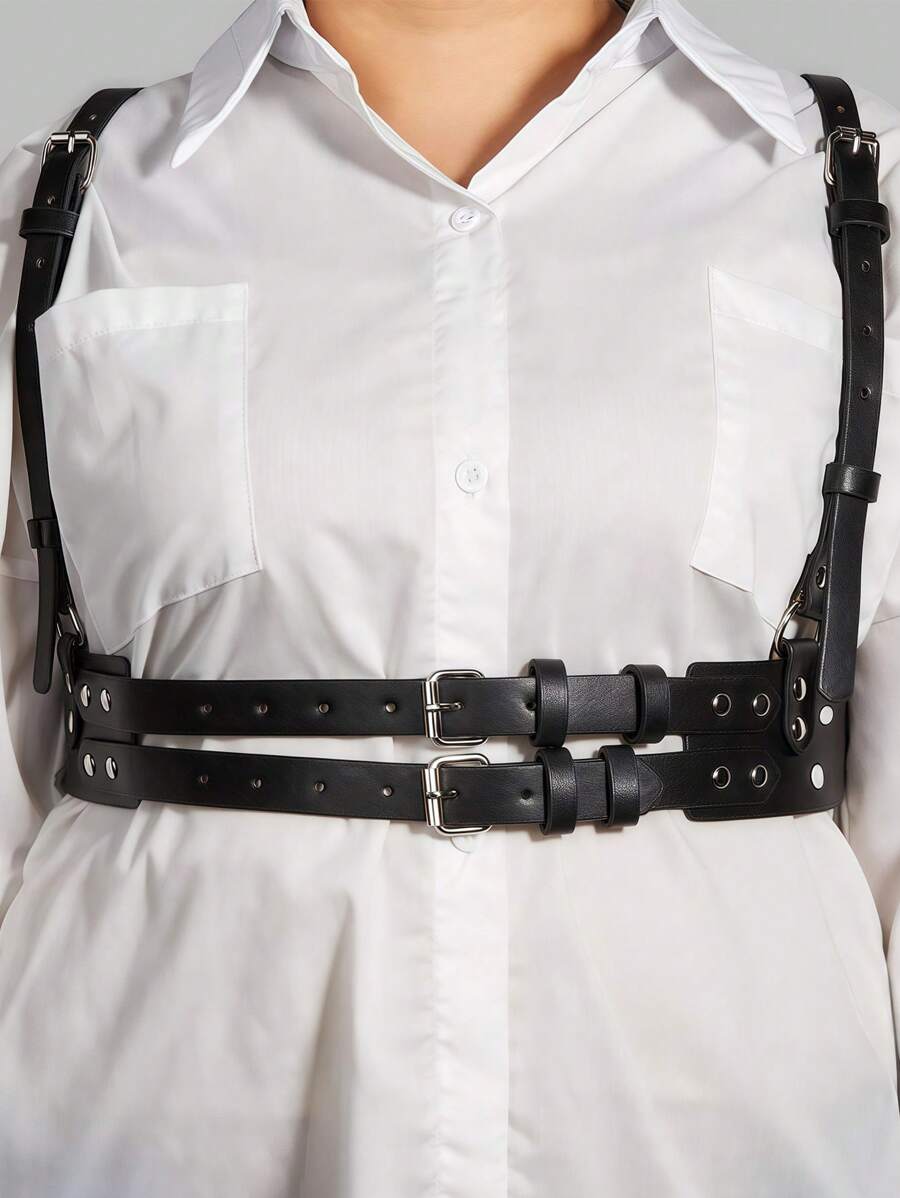 1 pieza Cinturón de hombro de doble capa negro para mujer, cinturón punk, cinturón ajustable para carnaval, cadena corporal, accesorios góticos