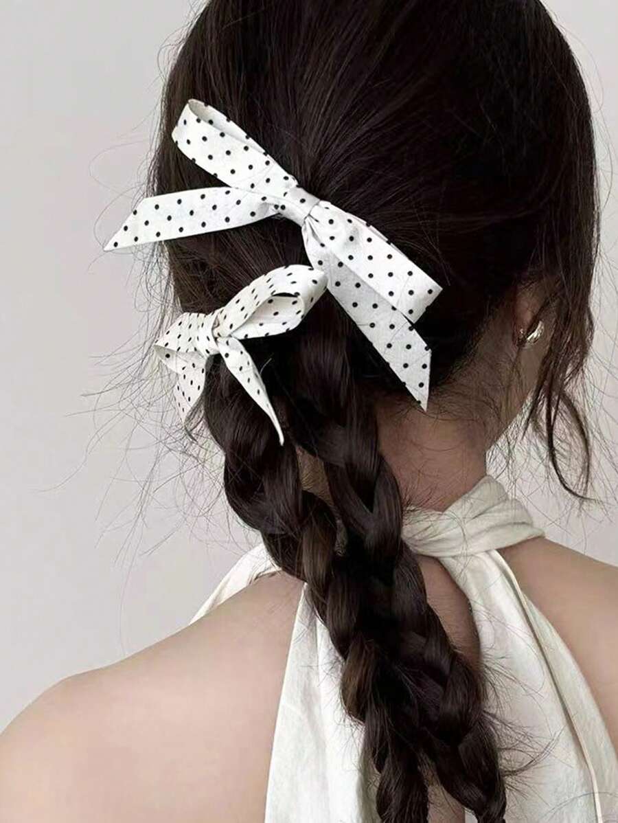 2pcs Ladies White Polka Dot Bow Hair Clips, Sweet Cute Polka Dot Bow Hairclips, Everyday Hair Accessory, Claw Clips, Alligator Hair Clip, Clips For Hair, Hair Slide, Hair Claws
