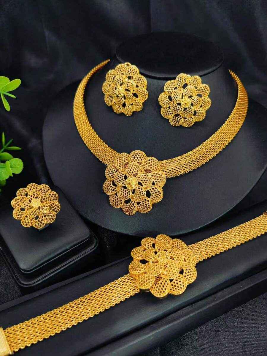 1 Set Luxury 4pcs Gold Plated Pendant Rope Jewelry Set, Includes Necklace, Earrings, Bracelet, Ring - Elegant Middle Eastern/Dubai Bridal Accessories, Formal Dress Decorations, Holiday Gift