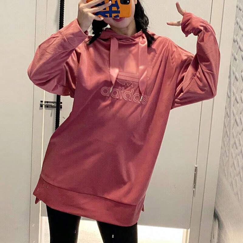 Adidas Originals Sudadera Adidas Trefoil para mujer, deportiva, de terciopelo, con logo grande, larga y capucha, GV2925