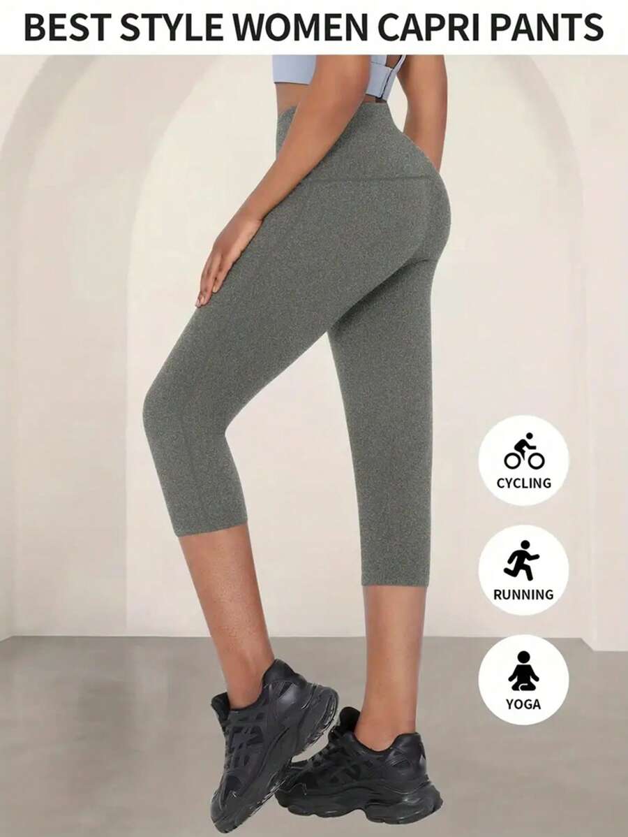 1pc Women's Super Soft High Waist Non-Sheer 3/4 Leggings, Tummy Control Sports Yoga Running Capri Pants, Women Activewear