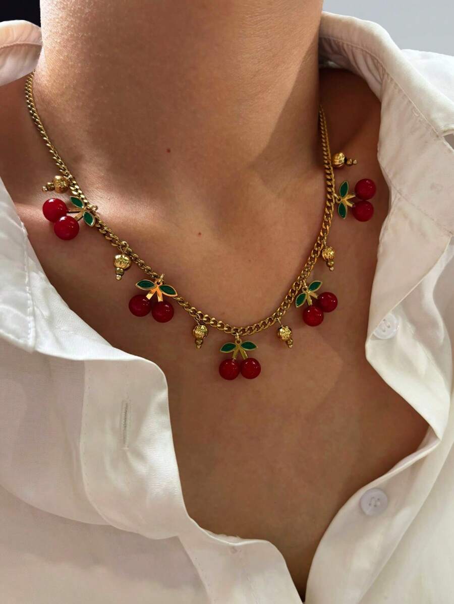 1pc New Fashionable & Elegant Minimalist Stainless Steel Cherry Pendant Necklace For Women