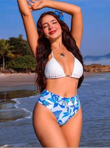 Top Branco / Calcinha Floral Azul