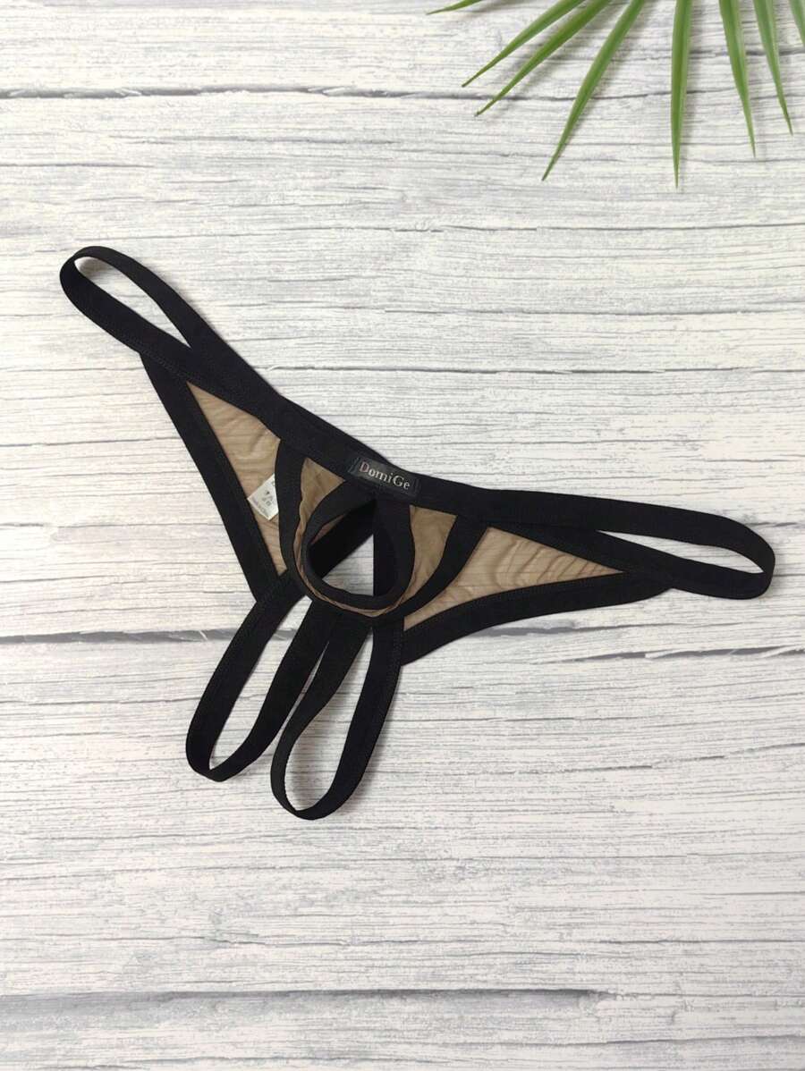 DomiGe 1pc Men's Sexy Low-Waist Khaki Mesh Front Pouch & Rear Open Design Thong Underwear
