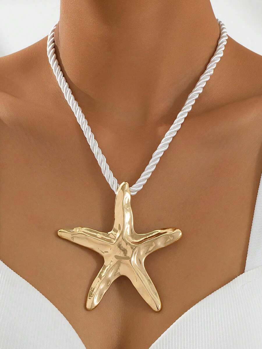 1pc Bohemian Style Simple Starfish Shaped Alloy Necklace For Women Elegant Chunky Rope Choker Necklace Jewelry
