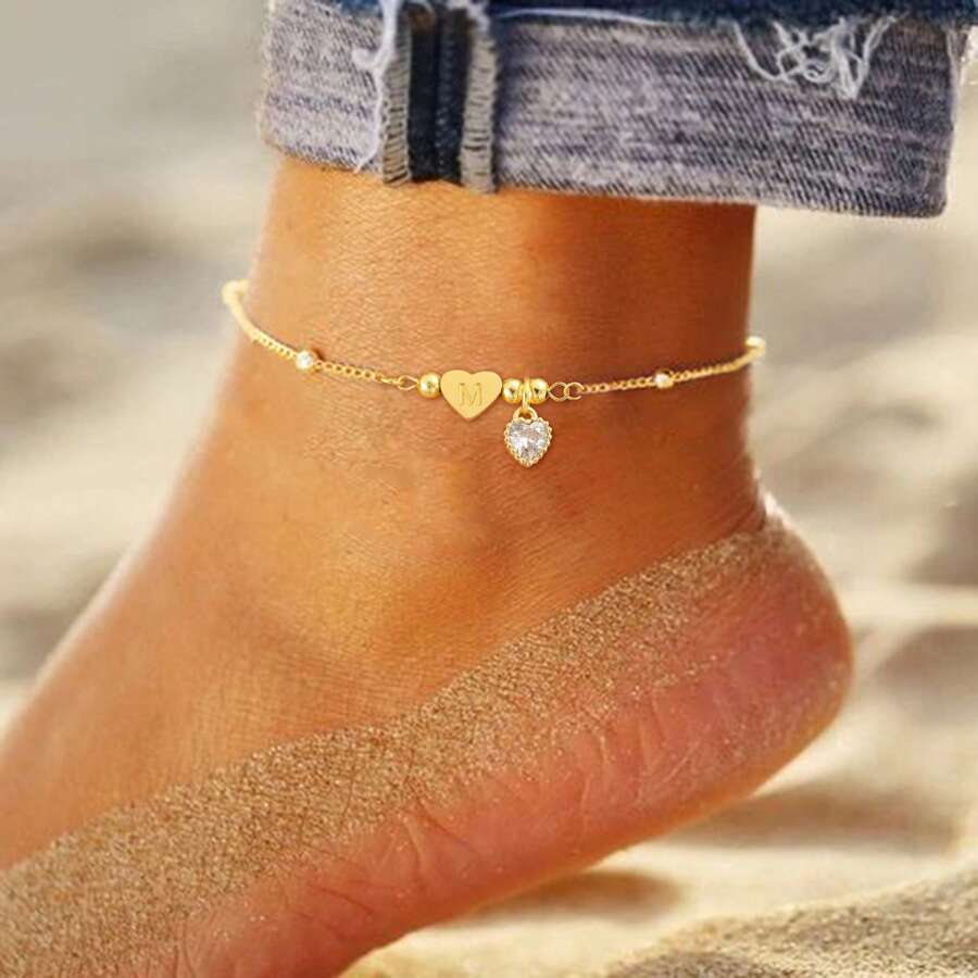1pc SImple Classic Artificial Crystal Heart Initial Golden Stainless Steel Bead Chain Anklets For Women