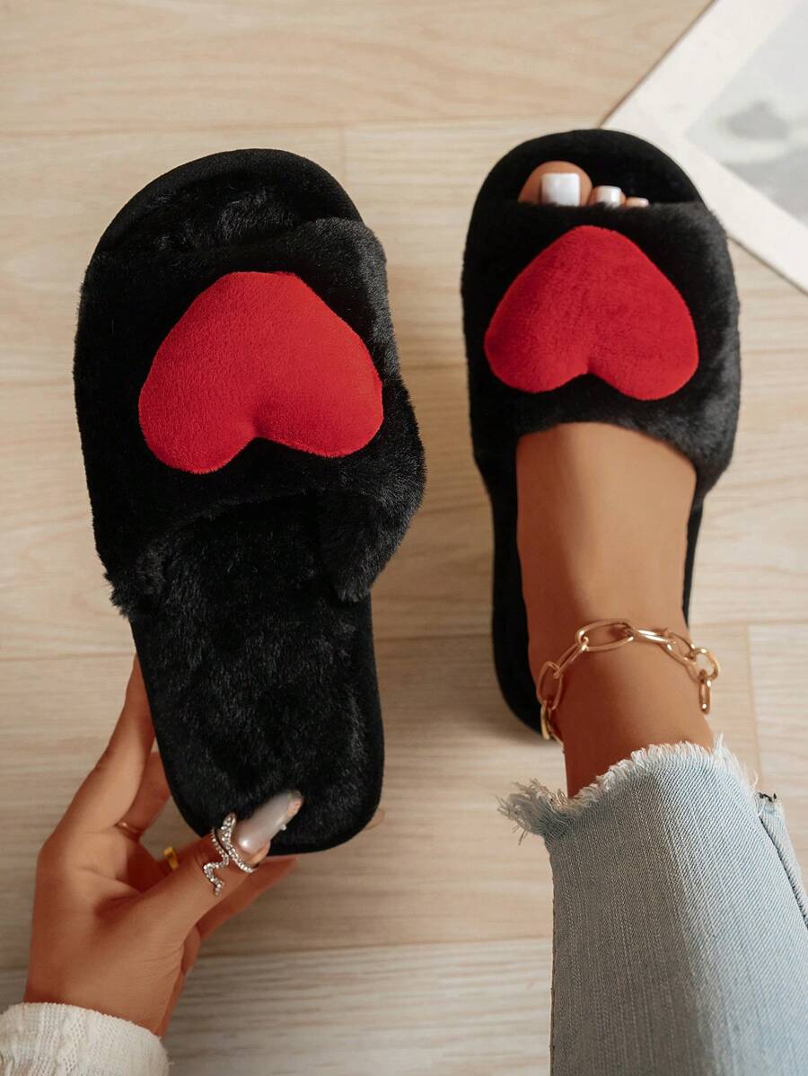 Heart-Shaped Fluffy Slippers For Women, Open-Toed Household Slippers, Comfortable For All Seasons