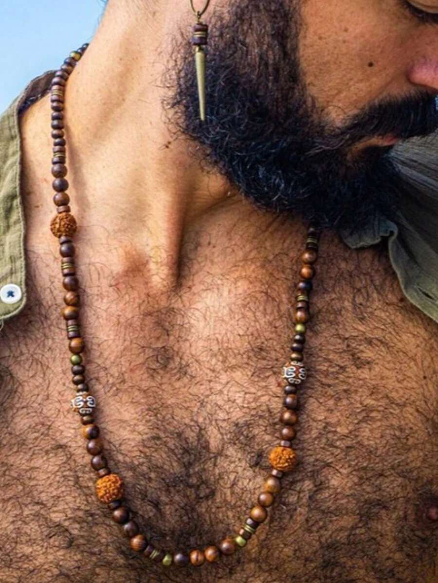 Men's Bohemian Style Coconut Shell Wood Bead Necklace - Retro Style Long Beach Walnut Collarbone Chain, Suitable For Holiday Wear, Party Jewelry, Boyfriend Gift, Valentine's Day Gift, Father's Day Gift