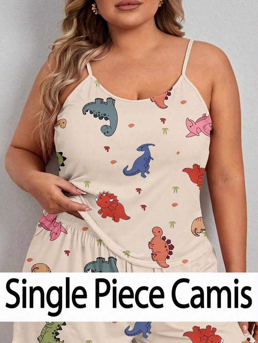 1 pieza Pijama de tirantes para mujer talla grande con estampado lindo de dinosaurio, cuello redondo, tirantes finos, espalda descubierta, para primavera y verano
