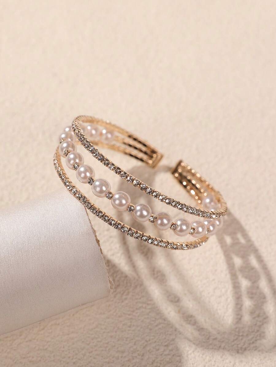 1 pièce Bracelet élastique avec 3 rangs de cristaux artificiels et de perles, de conception européenne et américaine, élégant pour les mariées et les mariages