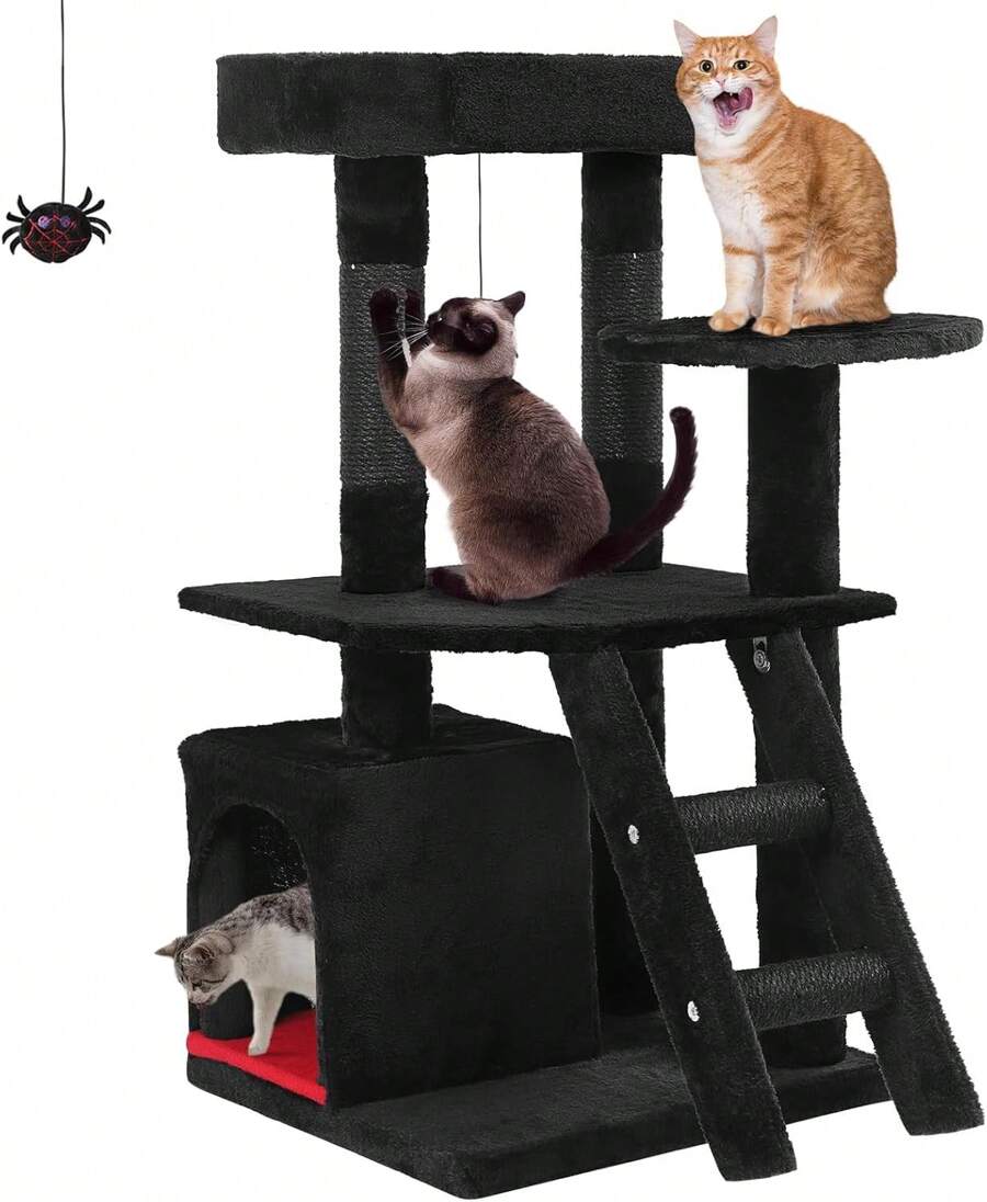 Gothic Cat Tree With Scratching Post, 32.6" Goth Cat Tower With Coffin Bed, Soft Cushion Platform, Spider Hanging Ball, Cozy Condo, Pet Furniture Climbing Tower For Indoor Cats, Black