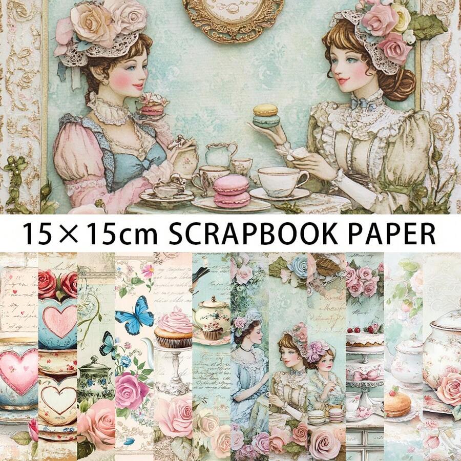 12/24PCS Tea Party Theme Scrapbook Paper Pad, 5.9*5.9inch Shabby Chic Pattern Vintage Tea Party Scrapbook Paper For DIY Crafts Journaling Scrapbook Supplies Gift Wrapping Album Art Decorative Craft Paper, Scrapbooking Supplies