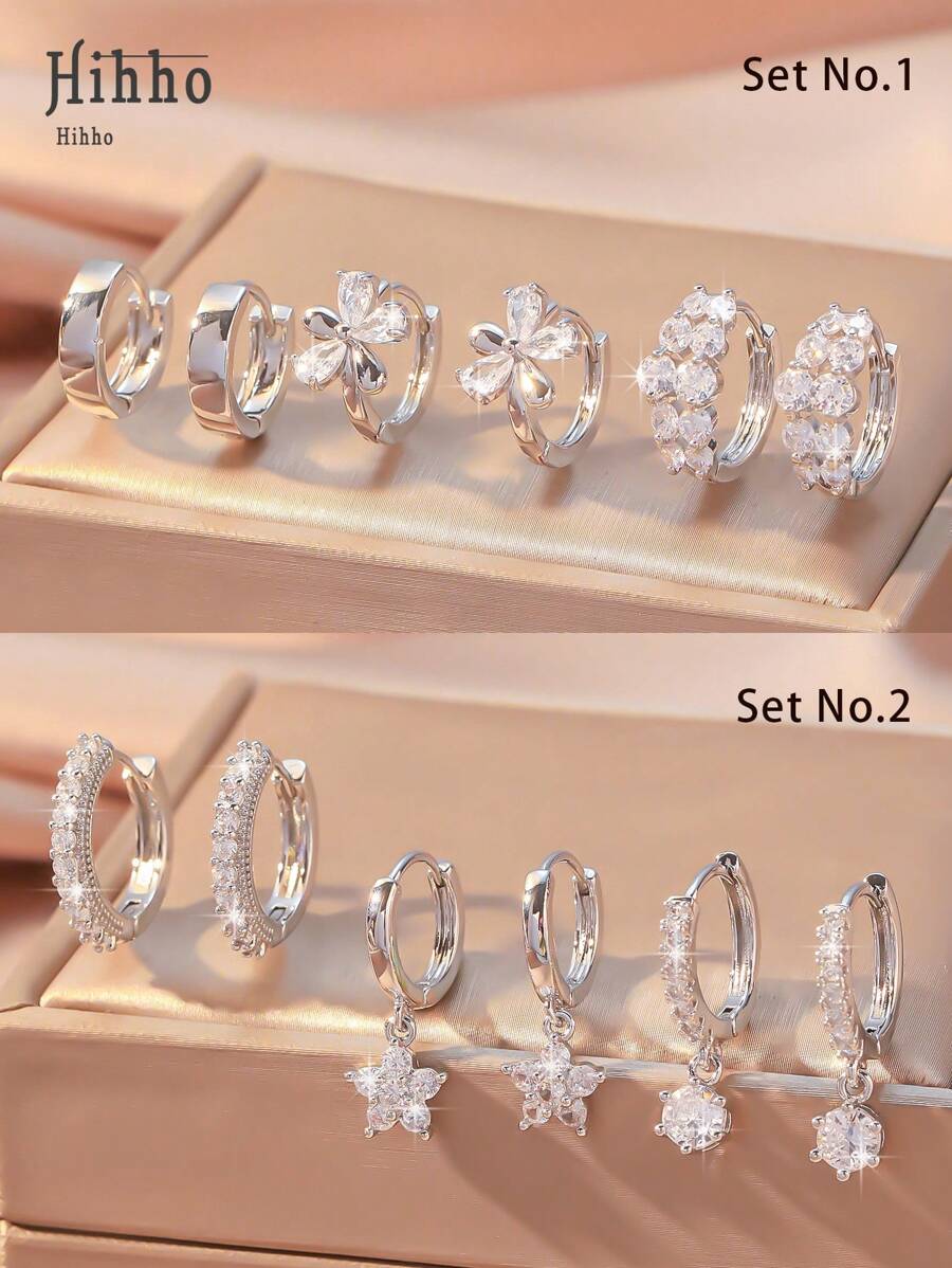 Hihho 6 Peças/Conjunto Elegante Brinco de Flor com Zircônia Cúbica, Acessórios de Joalheria Versáteis e da Moda, Presente para Mulheres