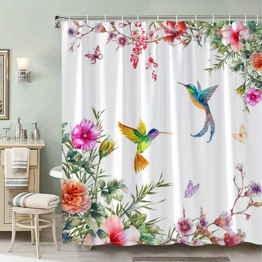 1pc Hummingbird And Flowers Shower Curtain Featuring Colorful Hummingbirds And Hibiscus Flowers In A Nature-Inspired Watercolor Design Bathroom Decor Polyester Fabric With 12 Hooks
