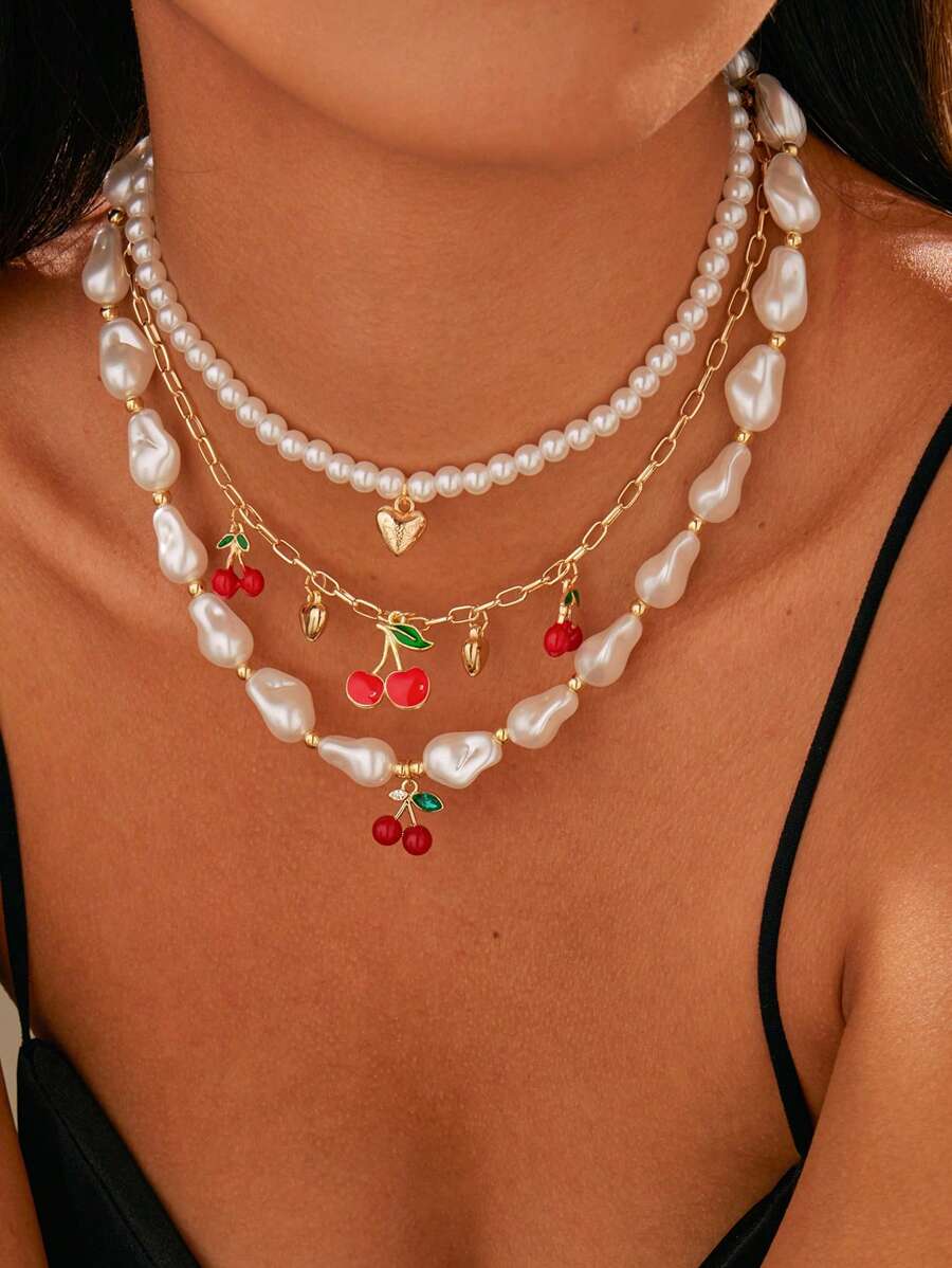 Set de 3 collares con colgantes de cerezas y corazones de perlas falsas para mujeres, adecuados para diario, fiesta, vacaciones