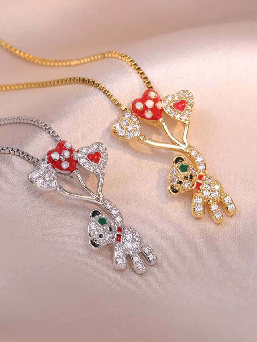 1 Piece Of Korean Love Balloon Bear, Japanese And Korean Style Fashion Temperament, Full Diamond Necklace, Net Red Zirconia Clavicle Chain
