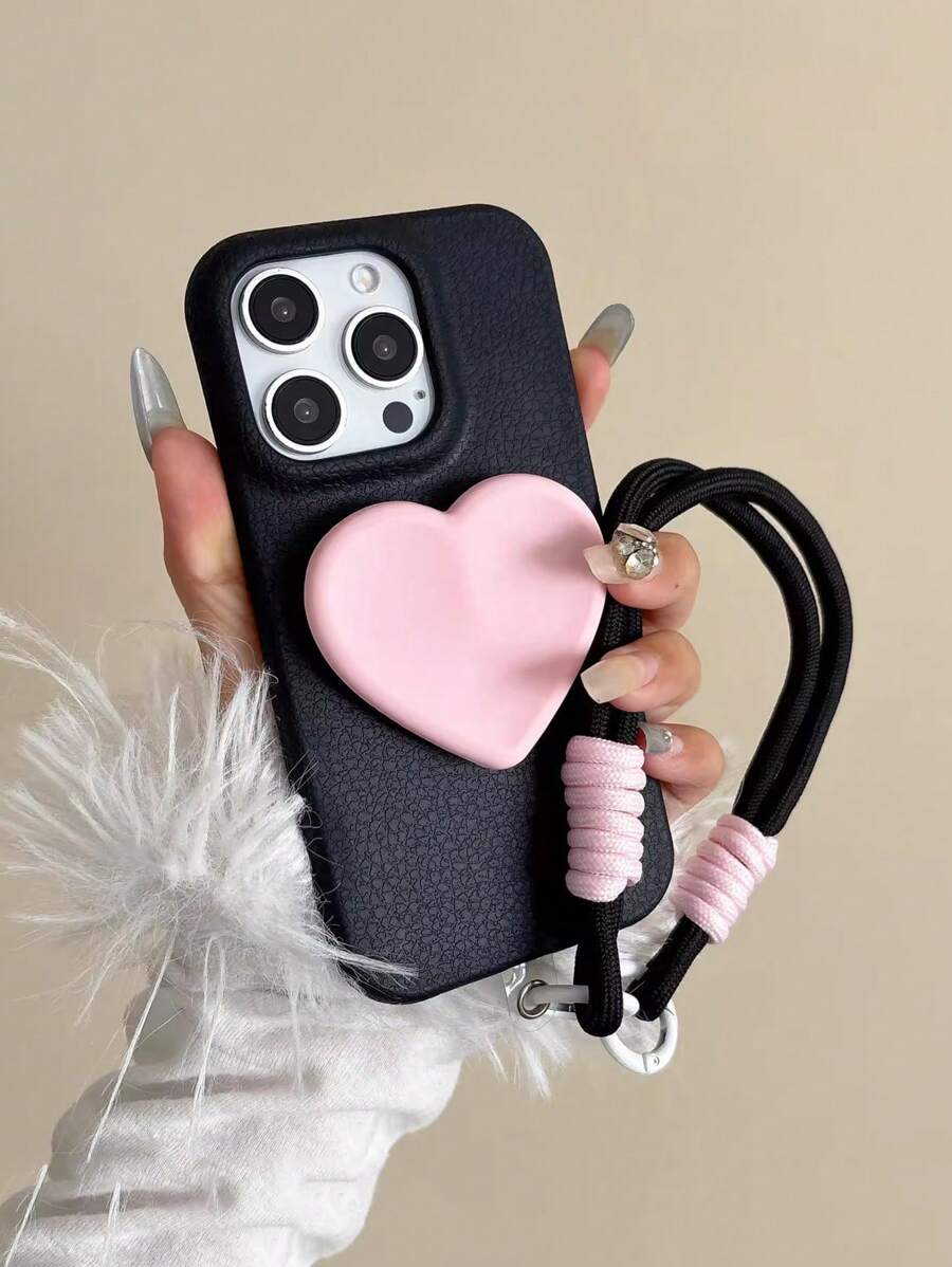 1 pieza Soporte/Soporte de teléfono de silicona con forma de corazón rosa y negro apto para 13/14 Pro Max/15, Funda de teléfono con cordón, Protector de teléfono estilo gótico oscuro de chica