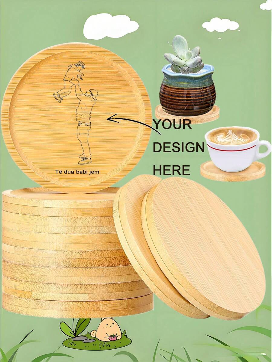 Individuell gravierter Bambus-Untersetzer-Set - 4-teilige runde Tassen- & Pflanzenuntersetzer, natürliche Holz-Tabletts für Kaffee, Biergläser, Sukkulenten & Blumentöpfe, lasergravierte personalisierte Texte oder Muster, Boho-ästhetisches minimalistisches Design, wasserbeständig, perfekt als Einweihungs- und Hochzeitsgeschenk