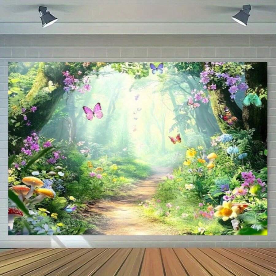 Enchanted Forest Backdrop - Polyester Fiber Natural Scene With Butterflies - Reusable Wall Decor For Wedding, Birthday, Anniversary - Versatile Photography Background Suitable For Indoor And Outdoor Events