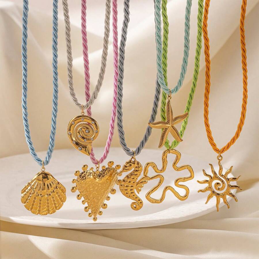 1pc Fashion Minimalist Vacation Style Colorful String Woven Stainless Steel Shell, Starfish, Sun, Heart, Flower Pendant Necklace, Suitable For Women Casual/Holiday Wear