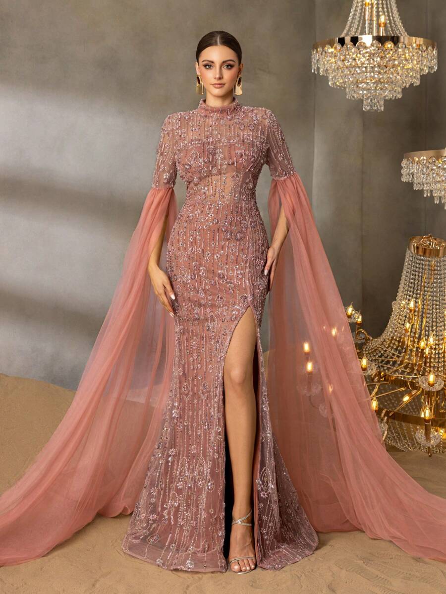 Faeriesty Faeriesty Elegant High-Neck Evening Gown With Sheer Chiffon Sleeves, Thigh Slit & Mermaid Train - Structured Formal Dress For Red-Carpet Galas, Luxury Weddings, Black-Tie Events, Award Ceremonies, And Gala Dinners