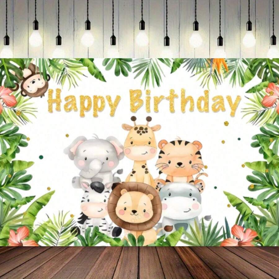 1pc Jungle Animal Birthday Party Background Jungle Animal Birthday Background Hunting Animal Theme Happy Birthday Party Decoration Jungle Hunting Rainforest Palm Leaf Birthday Party Banner