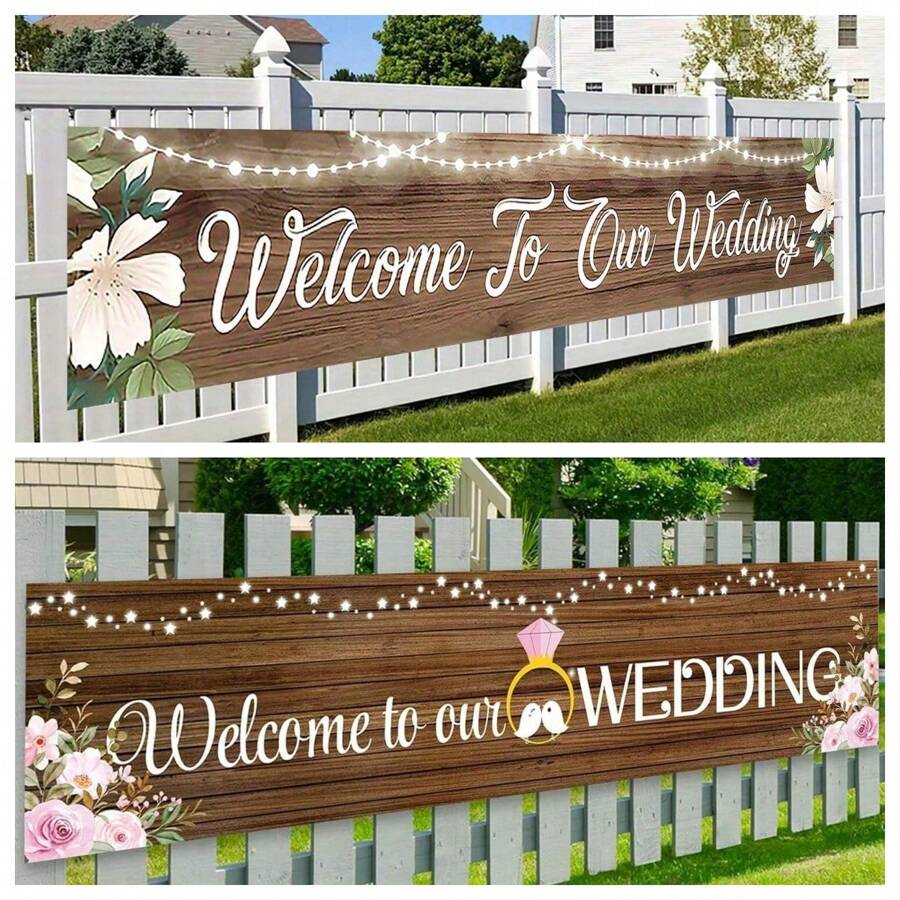 1pc Rustic Wooden Welcome To Our Wedding Banner, Polyester, Indoor & Outdoor Decor, Multi-Purpose, Festive Garden & Lawn Decoration, No Power Needed Party Banner