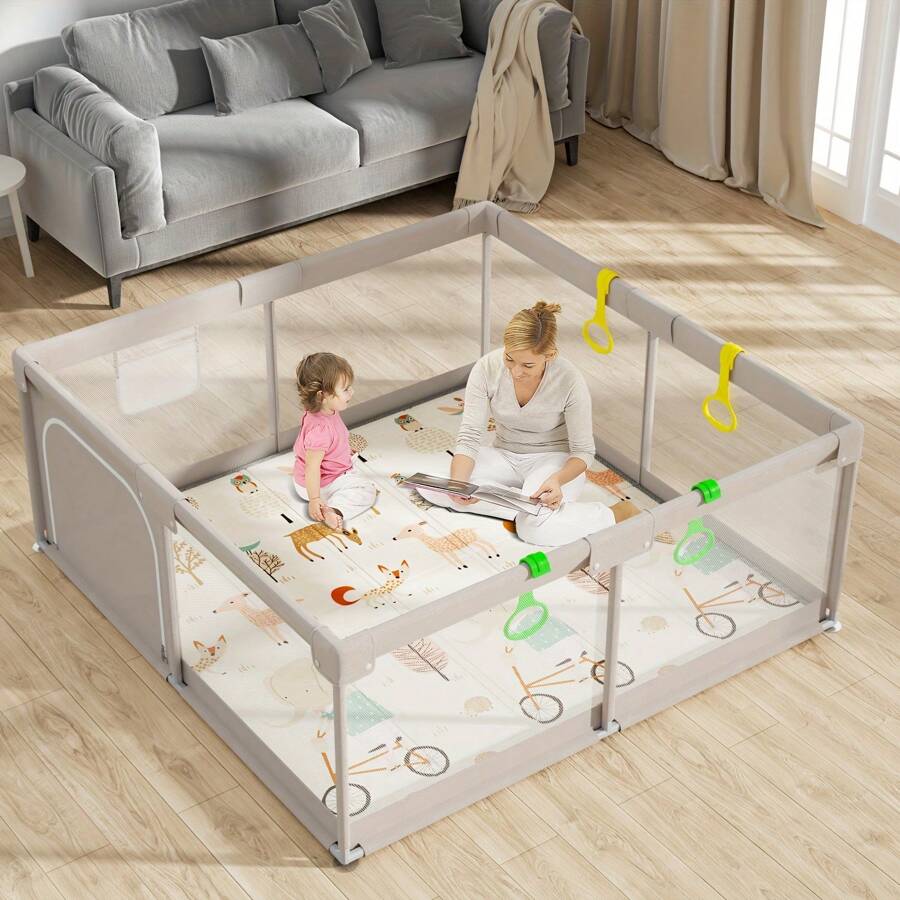 Uanlauo Baby Playpen With Mat, 59x59 Inches Extra Large Playpen For Babies And Toddlers, Indoor & Outdoor Activity Center, Safety Baby Fence With Gate