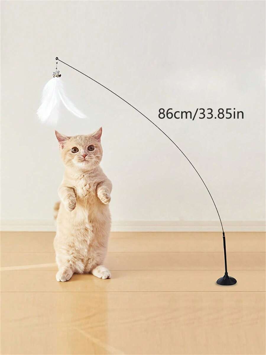 Jouet interactif pour chat avec baguette, clochettes, plumes et ventouse remplaçable, résistant au mâchage