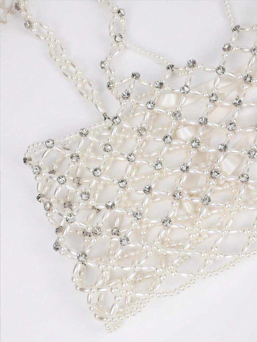 1 pezzo Canotta da donna con corpetto decorato con perle, senza schienale e senza maniche, decorazione con catena sulla schiena, in stile Y2K, da festa, con paillettes e perline lucenti