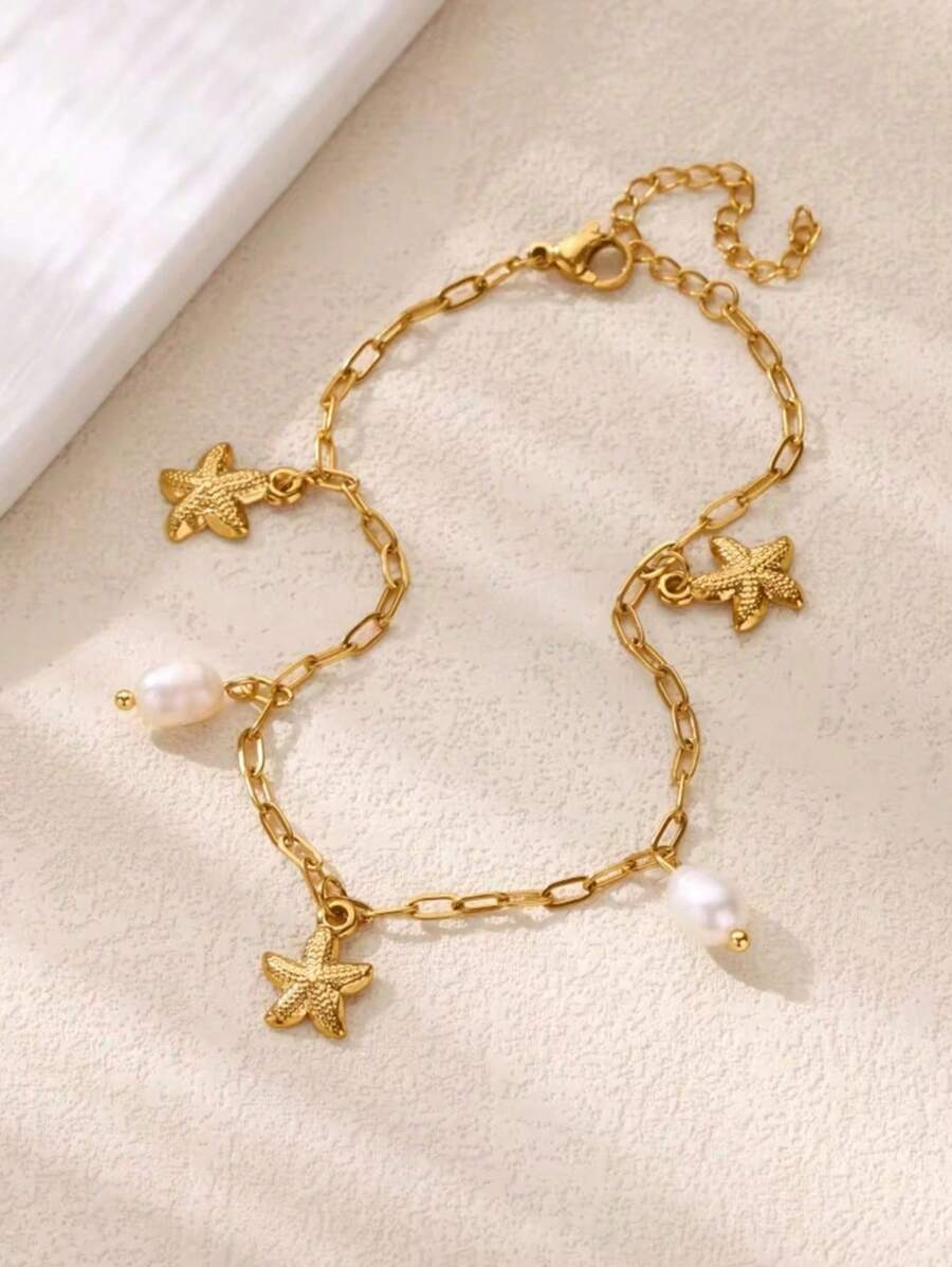 Tornozeleira de aço inoxidável com pingente de estrela do mar e pérola falsa Boho, tornozeleiras e pulseiras banhadas a ouro 18K com estampa de vida marinha antidesbotamento, joias para férias na praia, acessórios para festa, presentes para melhor amiga/mãe